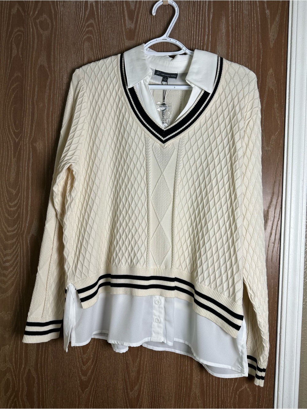 Adrianna Papell Cream V-Neck Layered Cable Knit Sweater with Black Trim